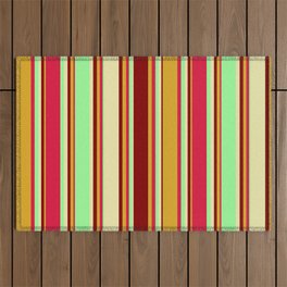 [ Thumbnail: Colorful Goldenrod, Maroon, Pale Goldenrod, Green, and Crimson Colored Lined Pattern Outdoor Rug ]