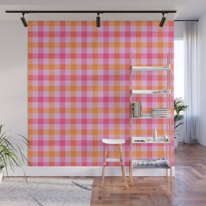 Cute Colorful Summer Pink Gingham Wall Mural