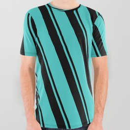 [ Thumbnail: Black & Turquoise Colored Lines/Stripes Pattern All Over Graphic Tee ]
