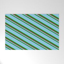 [ Thumbnail: Sky Blue, Green, and Brown Colored Lines/Stripes Pattern Welcome Mat ]