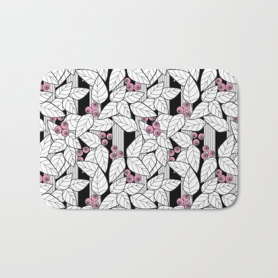 Pink berries on black and white striped background . Bath Mat