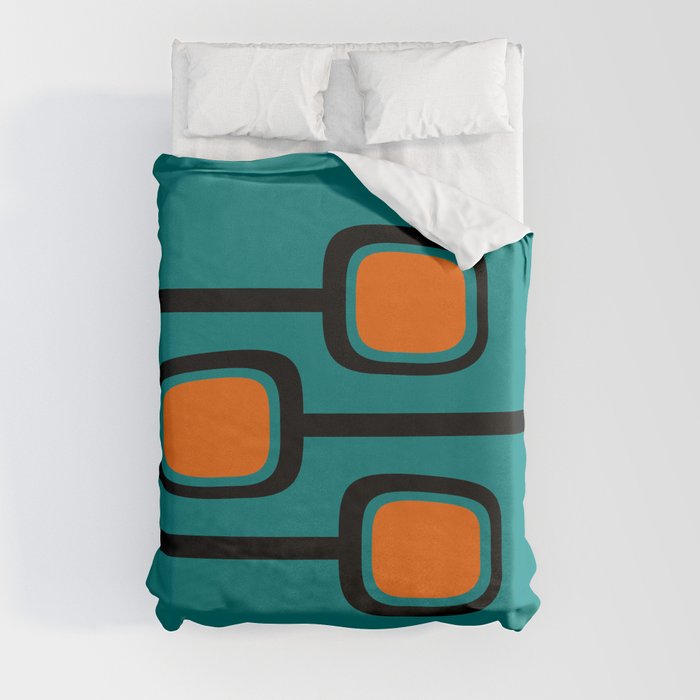Mid Century Modern Retro Branches Minimalist Print on Vintage Teal with Pops of Orange Duvet Cover