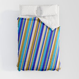 [ Thumbnail: Beige, Dark Goldenrod, Deep Sky Blue & Blue Colored Stripes Pattern Comforter ]