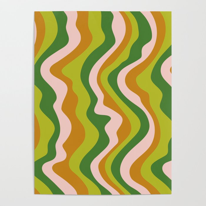 GOOD VIBRATIONS GROOVY MOD RETRO WAVY STRIPES in GREEN PINK COPPER Poster