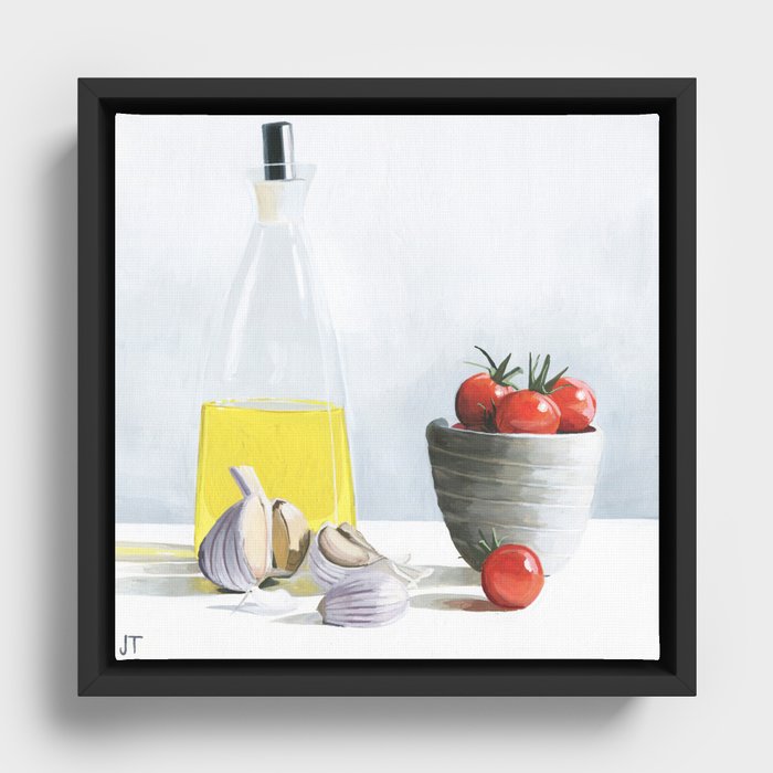 Olive Oil and Tomatoes Framed Canvas