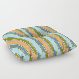 [ Thumbnail: Brown, Green, Powder Blue & Blue Colored Stripes Pattern Floor Pillow ]