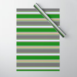 [ Thumbnail: Dim Gray, Tan, Green & Lavender Colored Pattern of Stripes Wrapping Paper ]