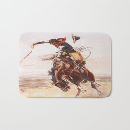 Vintage Western Cowboy Bronc Rider C.M. Russell Bath Mat | Western, Painting, Vintage, Rodeo, Ranch, Horse, Illustration, Cowboy 