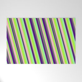 [ Thumbnail: Light Green, Pink, Dim Grey, Indigo & Green Colored Pattern of Stripes Welcome Mat ]