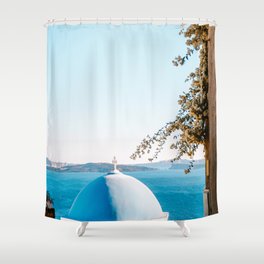 Blue Chapel on Santorini | Seaside over the White Buildings of the Cycladic Island in Greece | Travel Photography Fine Art Shower Curtain