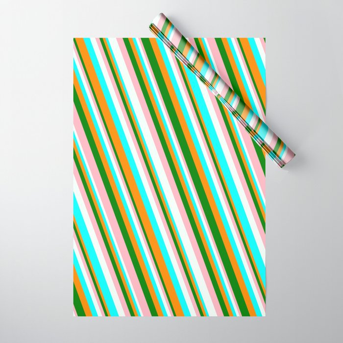 Vibrant Dark Orange, Green, Light Pink, Mint Cream, and Aqua Colored Striped/Lined Pattern Wrapping Paper