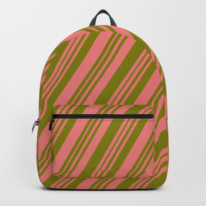 Light Coral & Green Colored Striped/Lined Pattern Backpack