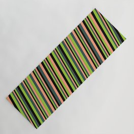 [ Thumbnail: Green, Dark Slate Gray, Light Salmon & Black Colored Stripes Pattern Yoga Mat ]