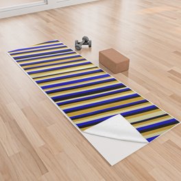 [ Thumbnail: Goldenrod, Pale Goldenrod, Blue & Black Colored Striped Pattern Yoga Towel ]