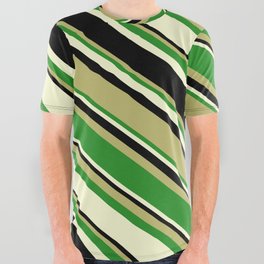 [ Thumbnail: Dark Khaki, Forest Green, Light Yellow, and Black Colored Pattern of Stripes All Over Graphic Tee ]