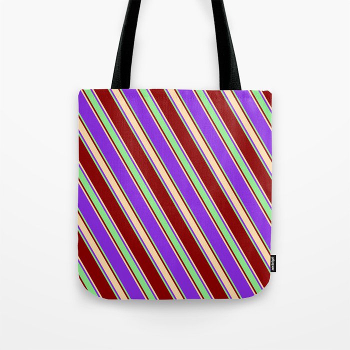Purple, Light Green, Dark Red & Tan Colored Stripes/Lines Pattern Tote Bag