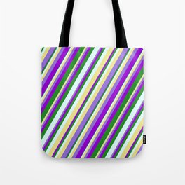 [ Thumbnail: Vibrant Tan, Purple, Dark Violet, Forest Green & Light Cyan Colored Stripes Pattern Tote Bag ]