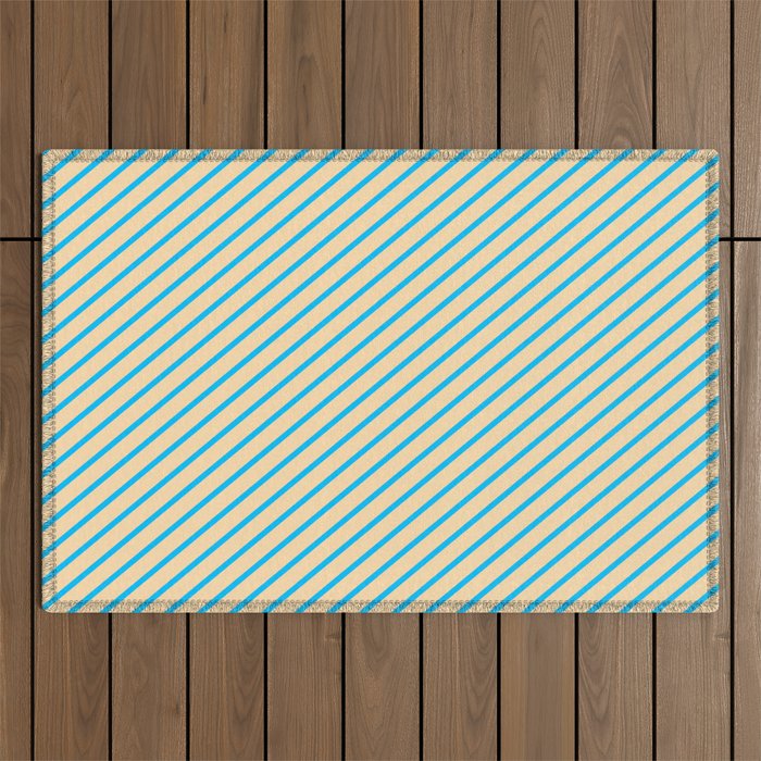 Tan and Deep Sky Blue Colored Lines Pattern Outdoor Rug