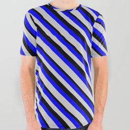 [ Thumbnail: Blue, Light Grey & Black Colored Lines/Stripes Pattern All Over Graphic Tee ]