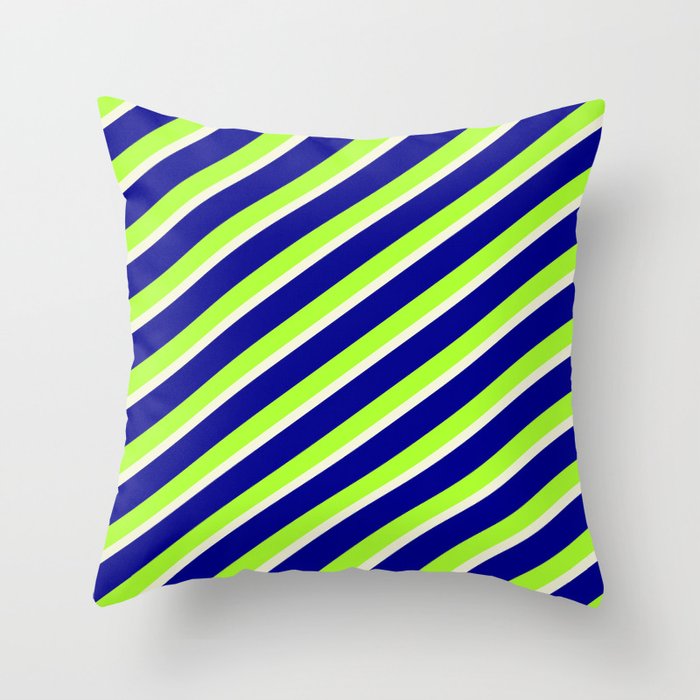 Dark Blue, Light Green, and Beige Colored Striped Pattern Throw Pillow