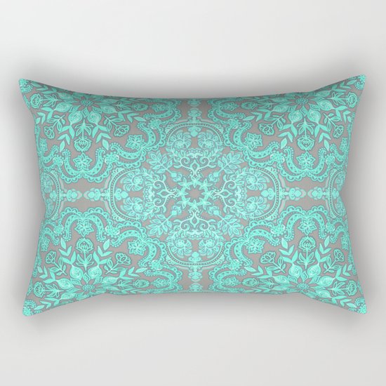 Mint Green & Grey Folk Art Pattern Rectangular Pillow