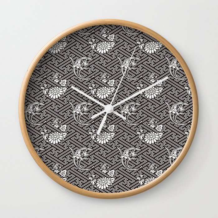 Black Chrysanthemum Auspicious Sayagata Japanese Kimono Pattern Wall Clock