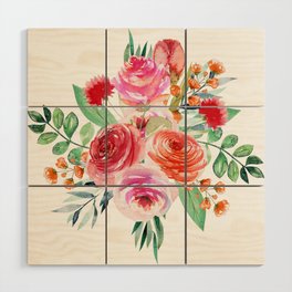 Red Pink Roses Floral Watercolor Wood Wall Art