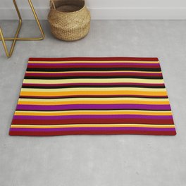 [ Thumbnail: Tan, Orange, Purple, Maroon, and Black Colored Striped/Lined Pattern Rug ]