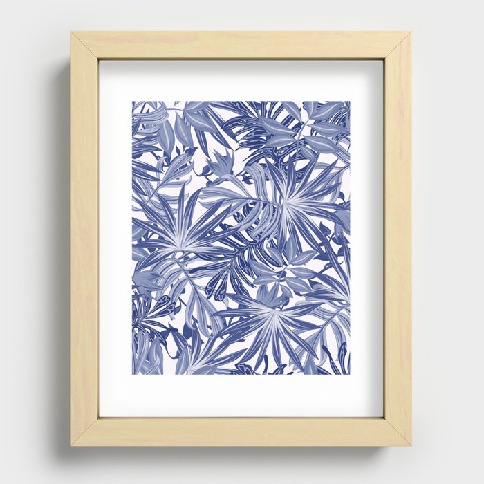 Abstract Tropical Leaves in Blue and White Recessed Framed Print
