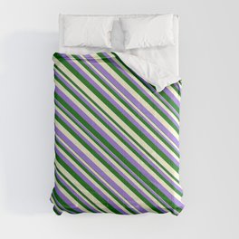 [ Thumbnail: Purple, Dark Green, and Light Yellow Colored Stripes Pattern Comforter ]