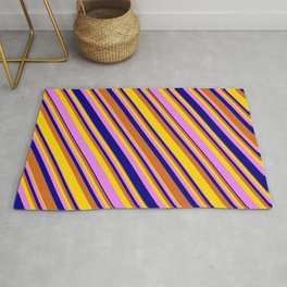 [ Thumbnail: Chocolate, Yellow, Violet, and Blue Colored Lined/Striped Pattern Rug ]