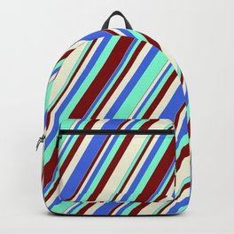 [ Thumbnail: Royal Blue, Aquamarine, Maroon & Beige Colored Striped Pattern Backpack ]