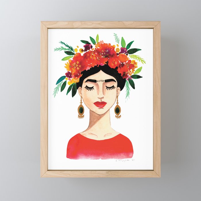 Floral Frida - Red Framed Mini Art Print