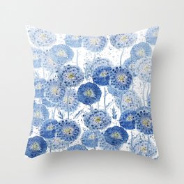 blue indigo dandelion pattern watercolor Throw Pillow