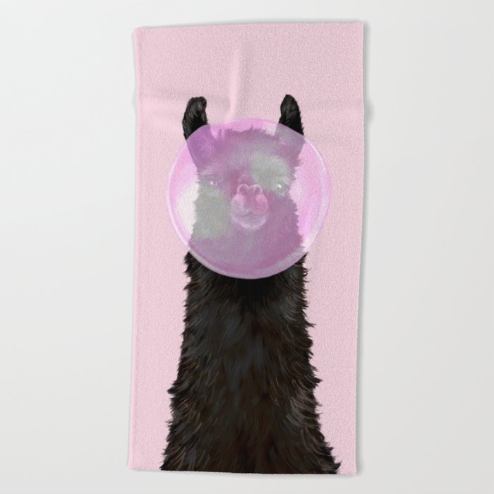 Bubble Gum Popped on Black Llama (2 in series of 3)  Beach Towel