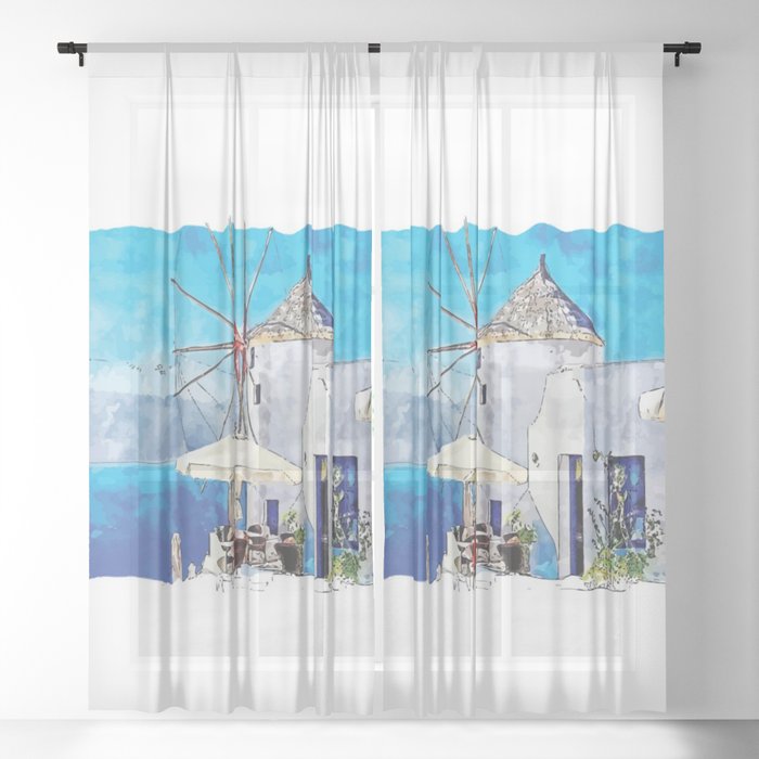 Santorini Island, Greece | Cyclades Islands | Mediterranean Sea | Greek IslandsWatercolor Sketch Paint 01 Sheer Curtain