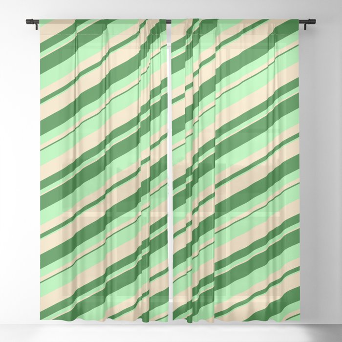 Dark Green, Green, and Beige Colored Stripes Pattern Sheer Curtain