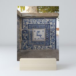 Blue azulejos on a bench in Alfama, Lisbon, Portugal - summer street and travel photography Mini Art Print