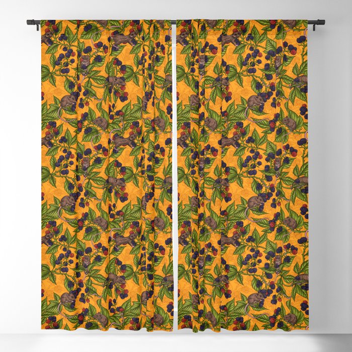 Mice and blackberries on yellow Blackout Curtain