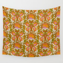 Orange, Pink Flowers and Green Leaves 1960s Retro Vintage Pattern Wall Tapestry