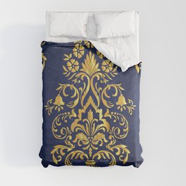 Navy Blue & Gold Damask Flower Pattern Comforter