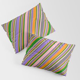 [ Thumbnail: Colorful Light Pink, Dim Grey, Purple, Dark Orange & Green Colored Stripes Pattern Pillow Sham ]
