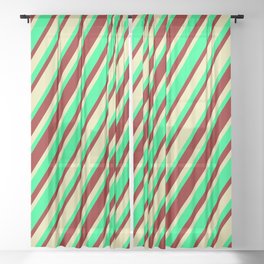 [ Thumbnail: Green, Dark Red & Pale Goldenrod Colored Stripes Pattern Sheer Curtain ]