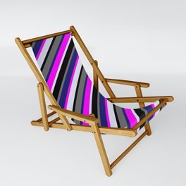 [ Thumbnail: Colorful Fuchsia, Lavender, Black, Dim Grey & Midnight Blue Colored Stripes/Lines Pattern Sling Chair ]