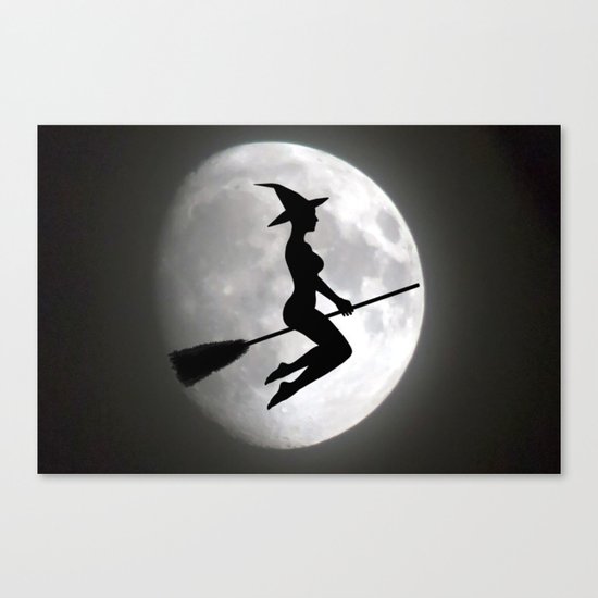 Witch On a Broom Against the Moon Canvas Print
