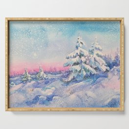Snowy Sunset in the Winter Forest Serving Tray