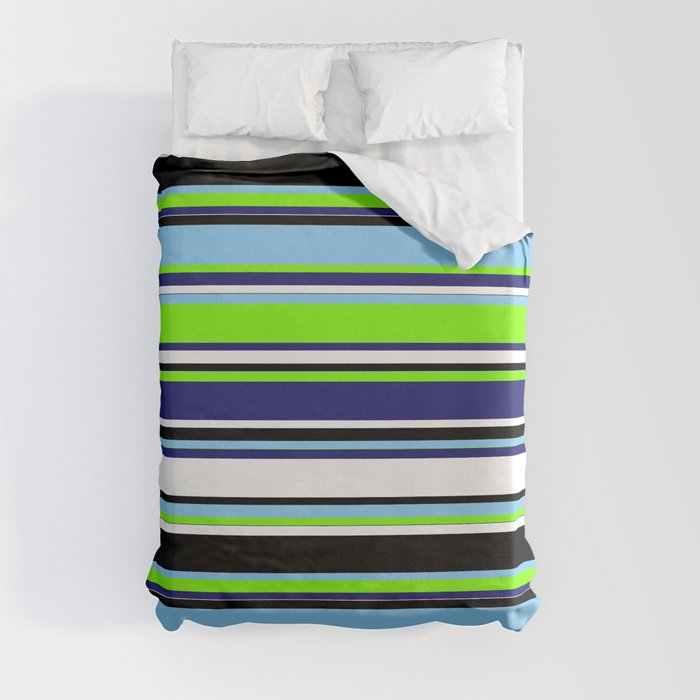 Colorful Light Sky Blue, Chartreuse, Midnight Blue, White & Black Colored Striped/Lined Pattern Duvet Cover