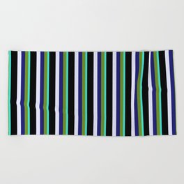 [ Thumbnail: Eye-catching Turquoise, Green, Midnight Blue, Lavender, and Black Colored Striped Pattern Beach Towel ]