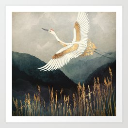 Elegant Flight Art Print | Gold, Reeds, Nature, Digital, Flight, Contemporary, Mountains, Crane, Dream, Green 