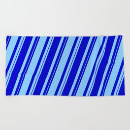 [ Thumbnail: Blue and Light Sky Blue Colored Lined/Striped Pattern Beach Towel ]